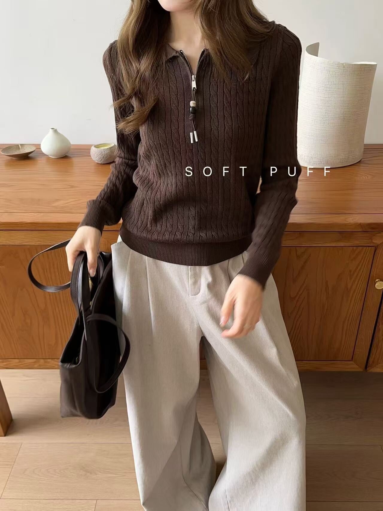 韩系复古半拉链polo翻领设计毛衣女秋冬软糯针织衫慵懒麻花上衣潮