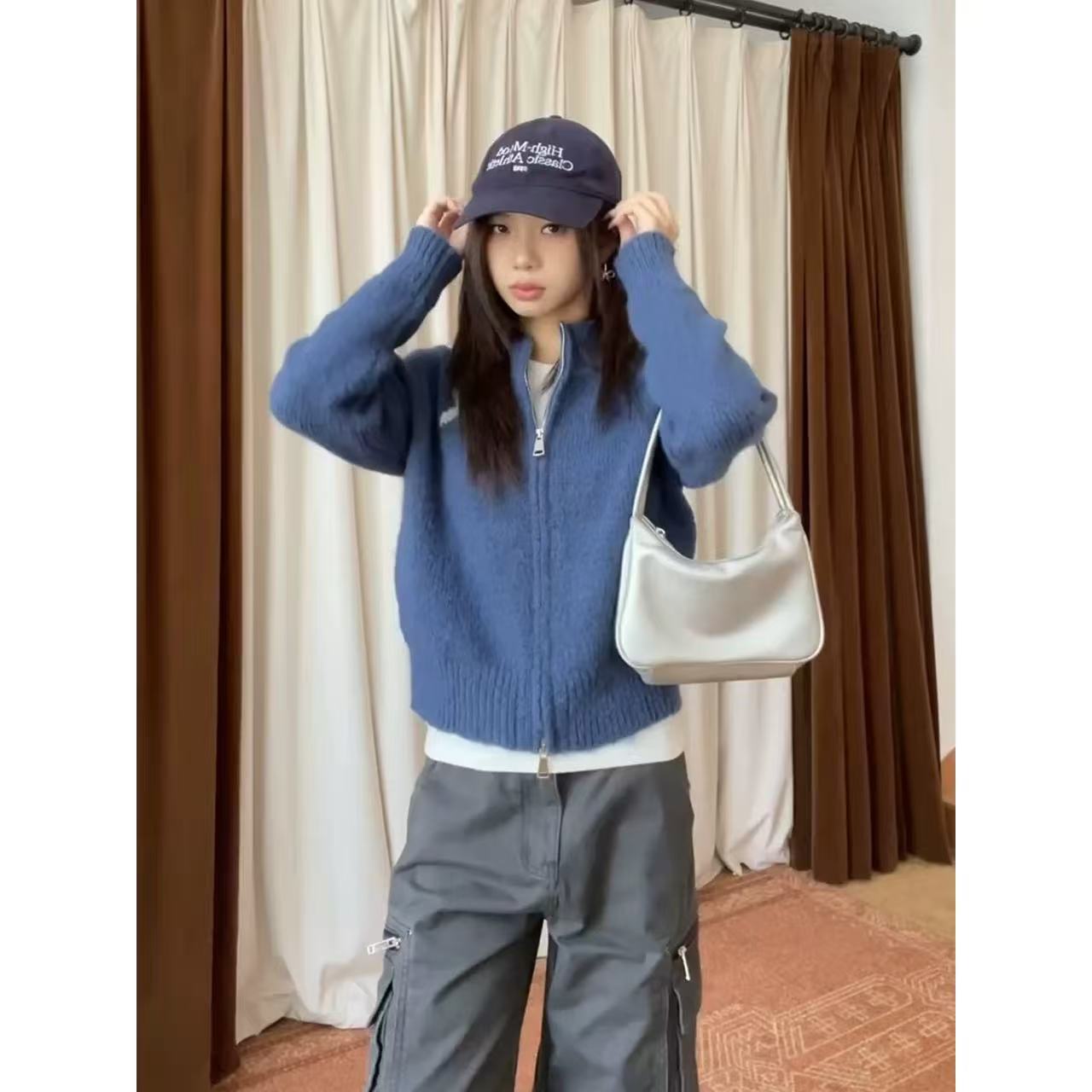 韩系秋冬设计感穿搭拉链针织衫开衫毛衣女百搭宽松厚款外套上衣潮