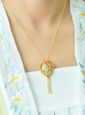 古法银镶嵌和田玉白玉蛋面珐琅流苏吊坠26951