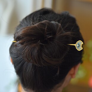 S925银镶和田玉平面如意锁珐琅发簪女士装饰国风天然和田玉簪3129