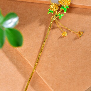 925银镶嵌和田玉圆平面珐琅富贵花流苏发簪3077