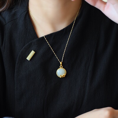 s925银镶和田玉子母小玉兔吊坠和田白玉镶古法金古风项链26170