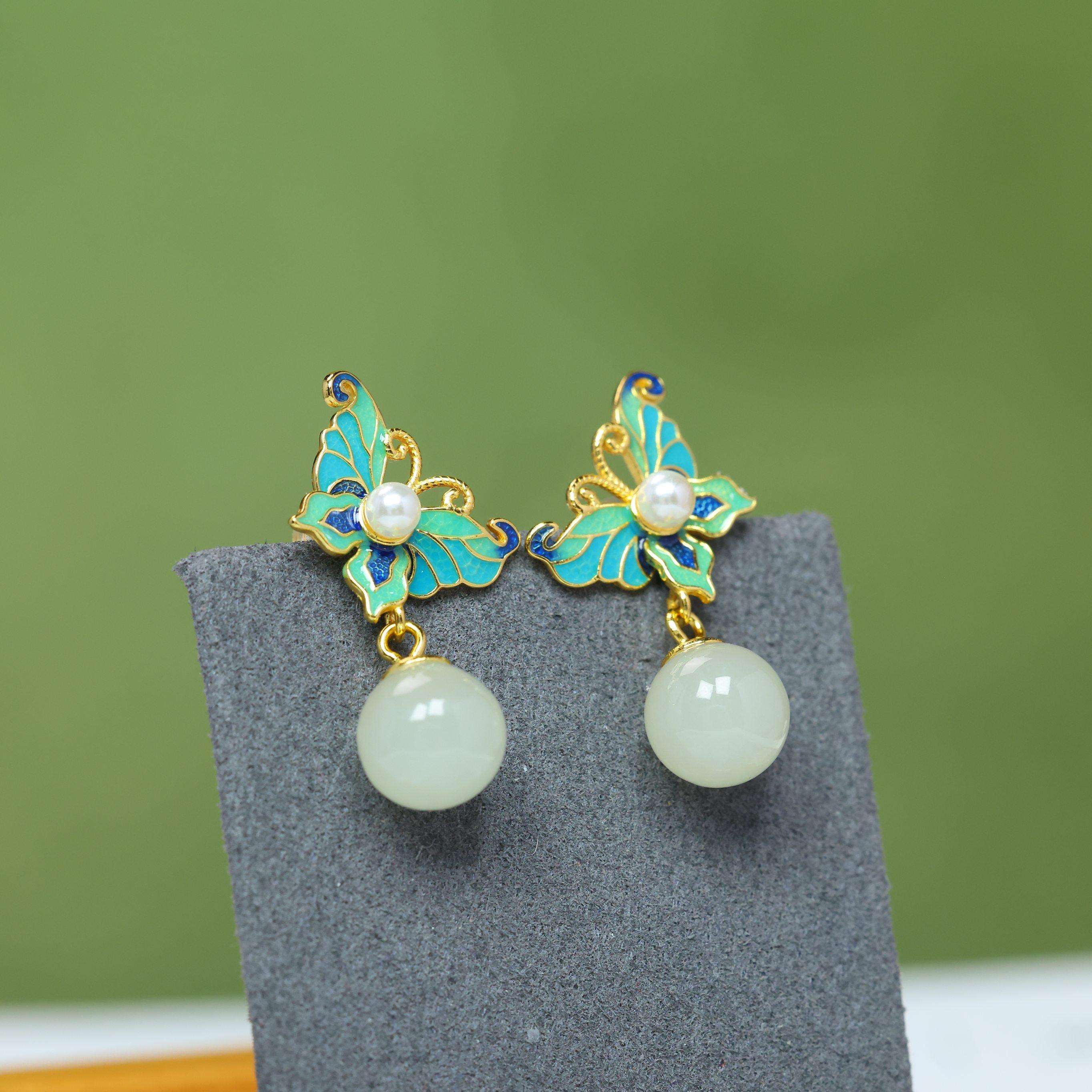 S925银镶嵌和田玉8厘珠珐琅蝴蝶耳坠耳环天然和田玉女款送礼,珠宝/钻石/翡翠,耳饰,淘宝优惠券,粉丝福利购,淘宝优惠卷