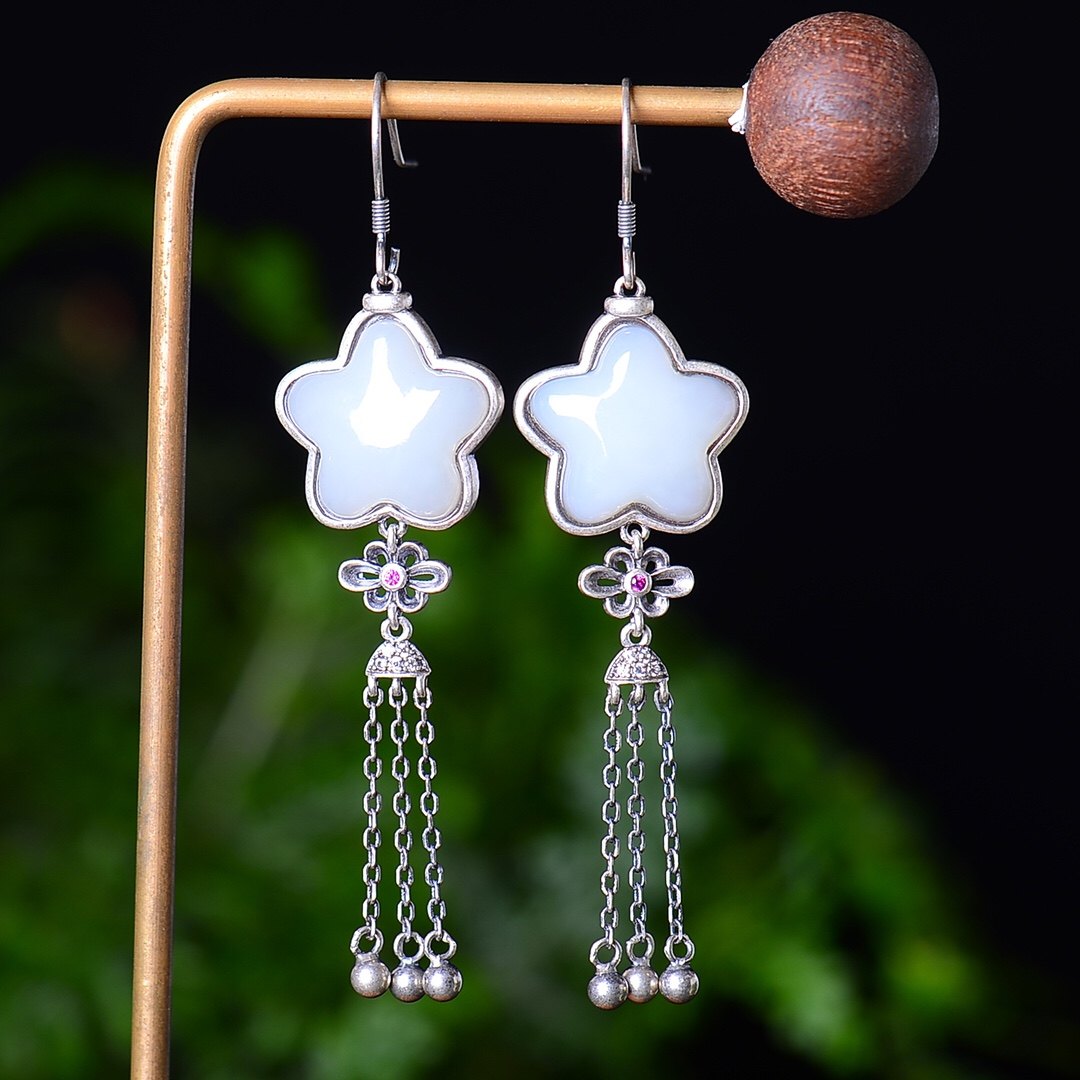 s925银镶和田玉星星耳环耳坠耳饰小众银针耳钩长款流苏高级感2025,珠宝/钻石/翡翠,耳饰,淘宝优惠券,粉丝福利购,淘宝优惠卷