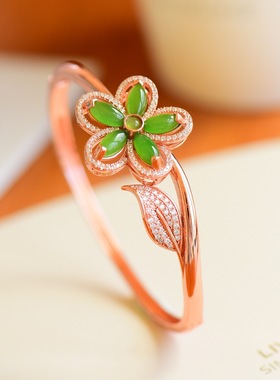 s925银镶满钻镶新疆和田玉碧玉马眼手镯玫瑰朵叶子时尚女手环