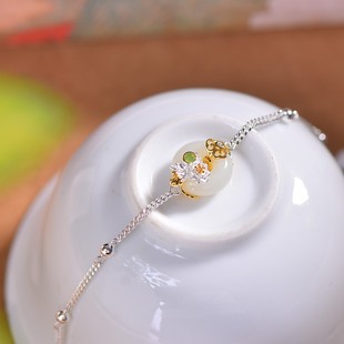 S925银镶嵌和田玉平安环白加绿配锆石手链时尚和田玉手链2025爆款