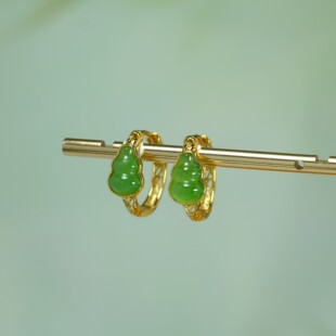 S925银镶嵌和田玉碧玉葫芦耳扣耳坠耳饰耳圈精致耳环女款 福17252