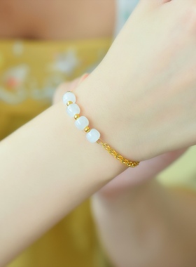 古法银镶和田玉老型珠手链