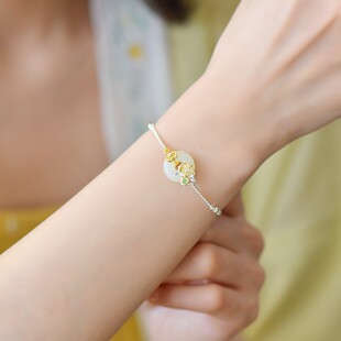 S925银镶嵌和田玉平安环白玉加绿碧玉手链