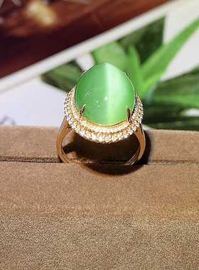 AJ0599菠菜绿戒指碧玉金猫