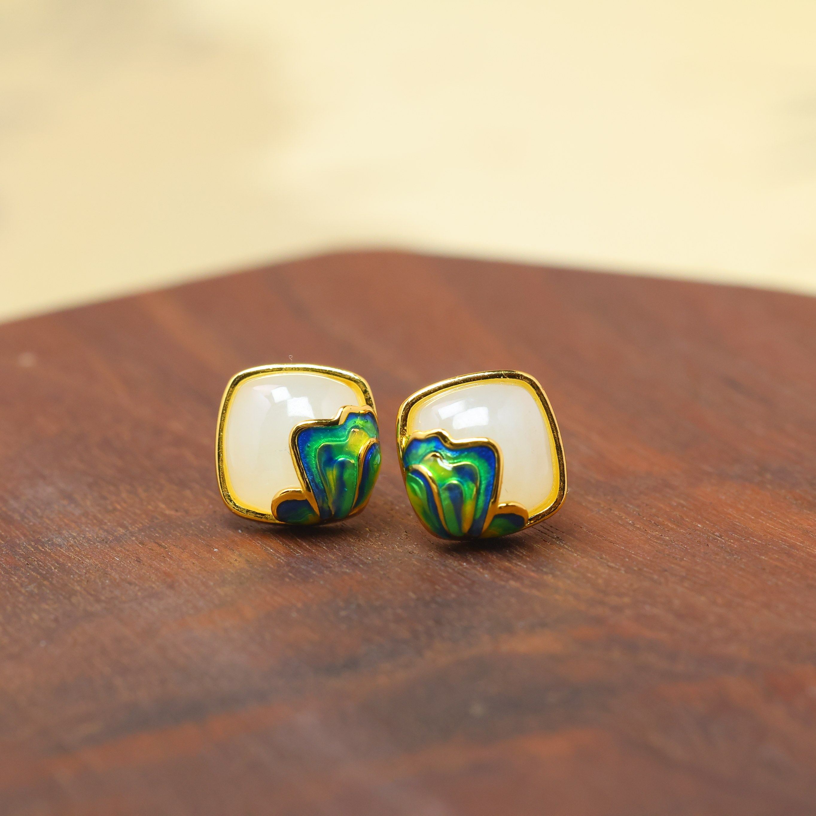 s925银镶和田玉方鼓面珐琅耳钉,珠宝/钻石/翡翠,耳饰,淘宝优惠券,粉丝福利购,淘宝优惠卷