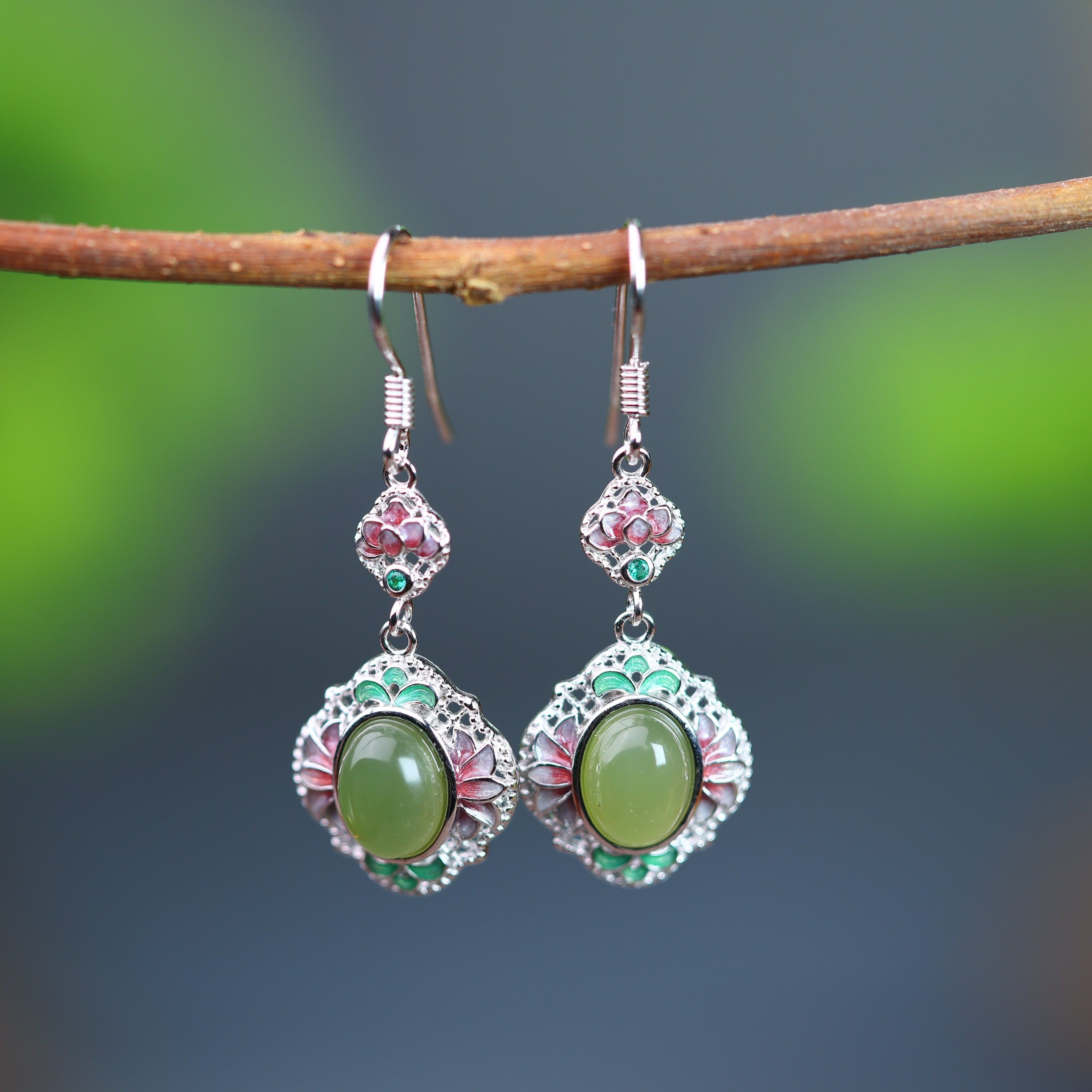 S925银镶嵌和田玉蛋面珐琅配彩锆套装