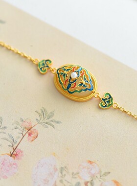 s925银镶和田玉彩蝶双飞手链 珐琅彩配珍珠古风白玉礼物饰品8132