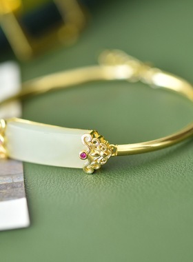 s925纯银古法镶嵌天然和田玉白玉玉兰花手镯古凤汉服镯子配饰女款