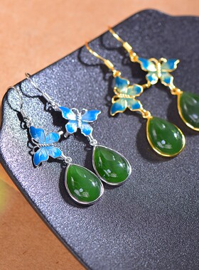 古法s925银镶嵌和田玉碧玉水滴珐琅蝴蝶耳坠古法工艺女士17096