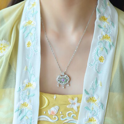 S925银镶和田玉平面如意锁珐琅配彩锆吊坠平安锁项链颈饰玉坠0296