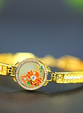 S925银镶嵌和田玉圆平面珐琅配锆石手镯