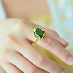 古法银镶和田玉碧玉珐琅蛋面戒指19003