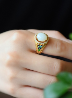 S925银镶嵌和田蛋面珐琅戒指新中式女生古风手饰和田玉天然白玉