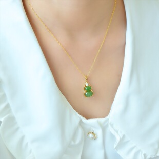 s925银镶和田玉碧玉葫芦吊坠银链子挂件镶嵌女士项链镶钻10508