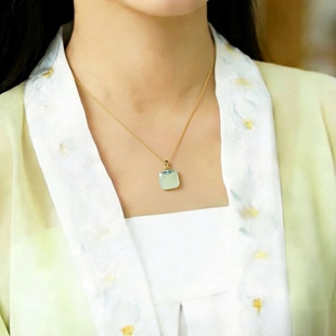 S925银镶嵌和田玉方形珐琅吊坠颈饰女款 高档简约项链精致古风0472