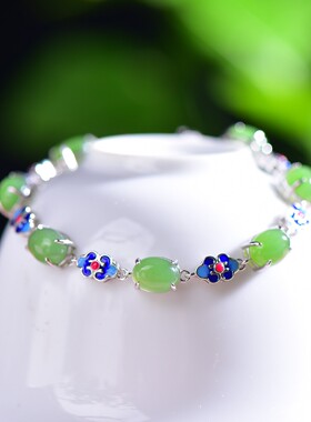 s925银镶和田玉碧玉蛋面珐琅手链2026新款新中式古风碧绿玉18088