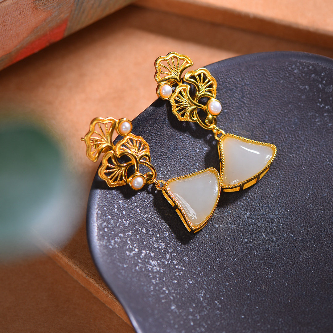 S925银镶嵌和田玉扇形镂空配珍珠耳坠扇形镶嵌国风耳饰古法耳钉,珠宝/钻石/翡翠,耳饰,淘宝优惠券,粉丝福利购,淘宝优惠卷