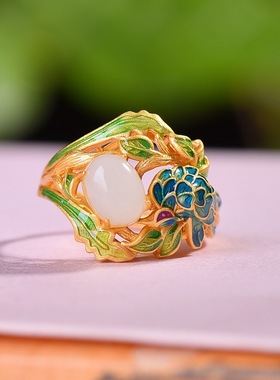 S925银镶嵌和田玉珐琅蛋面戒指珐琅彩绘纯银2025花边复古古法烧蓝