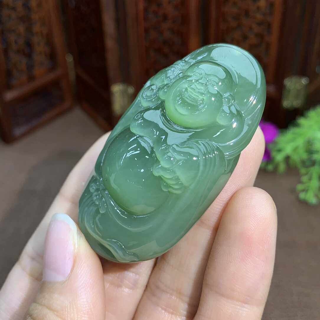 100%天然真玉和田玉碧玉站佛笑佛公天然玉石挂件猫眼佛公挂件