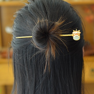 古法银镶和田玉蛋面老虎珐琅配珍珠发簪