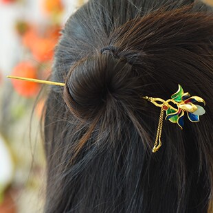 S925银镶嵌和田玉珐琅玉兰花配南红流苏发簪3079