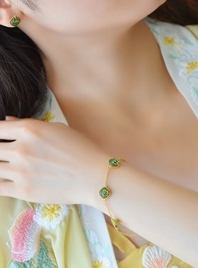 s925银镶嵌和田玉碧玉小方糖套装