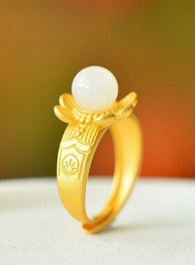 s925银镶和田玉8m半孔珠莲花素银戒指女式精致白玉开口女款9279