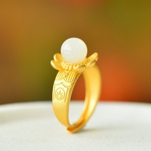 s925银镶和田玉8m半孔珠莲花素银戒指女式精致白玉开口女款精工