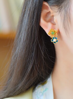 s925银镶嵌和田玉碧玉珐琅彩耳钉古风耳饰天然国潮花朵造型17167