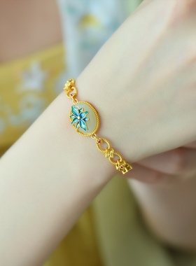 古法银镶和田玉珐琅蛋面手链