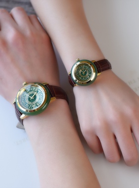 和田玉老坑料碧玉国内鉴定手饰情侣礼物证书圆形男款绿色表盘手表