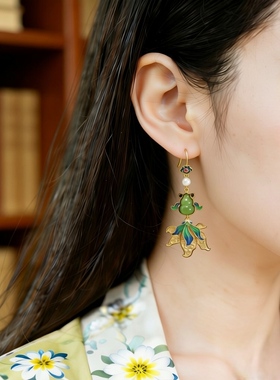 S925银镶嵌和田玉碧玉葫芦珐琅年年有鱼耳坠天然玉石女耳环17189