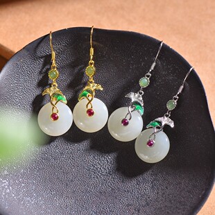 S925银镶嵌和田玉平安扣白加绿珐琅杏好有你耳坠7887
