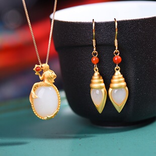 和田玉银镶耳坠女款s925银镶嵌白玉水滴耳环美人鱼吊坠海螺耳环款