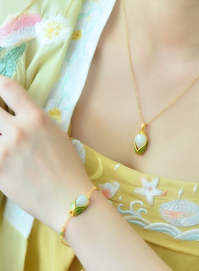 S925银古法银镶嵌和田玉珐琅一鸣惊人套装26955