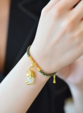 S925银镶和田玉貔貅手链中国风古风精美编织绳手饰女士招财进宝