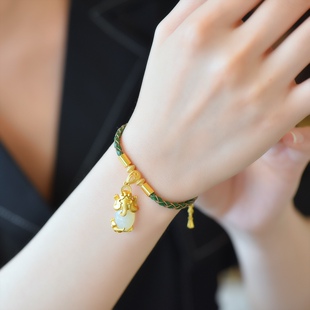 S925银镶和田玉貔貅手链中国古风精美编织绳手饰女招财进宝26054