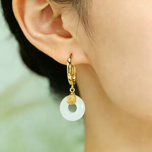 轻奢简约7240 S925银镶和田玉平安环吉素银耳坠气质耳环优雅女款