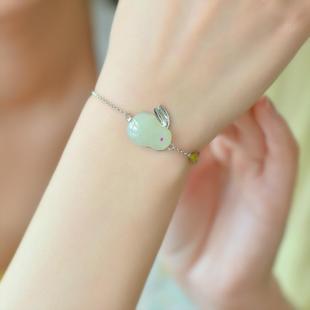 s925银镶嵌玉吉祥兔手链证书加礼盒灵兔和田玉玉手链本命年生肖兔