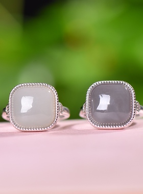 古法银镶和田玉烟紫方形戒指