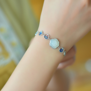 s925银镶和田玉玫瑰花珐琅配彩稿手链8245