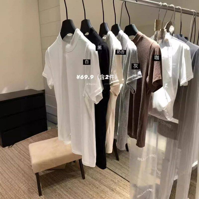 METWO叠叠乐白色T恤女 遮斜方肌微高领早秋新款休闲短袖内搭上衣