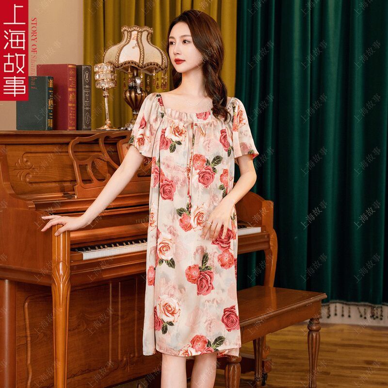 上海故事冰丝女士睡裙夏季新款长碎花裙可外穿家居服套装丝绸真丝