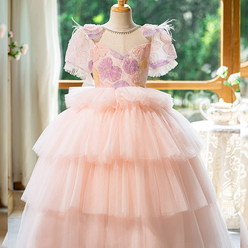 D欧美儿童礼服中大童洋气粉色花朵蛋糕裙女童蓬蓬裙生日公主裙